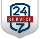 A badge-shaped icon with 24/7 in blue and SERVICE in white letters on a red bar, indicating round-the-clock service.